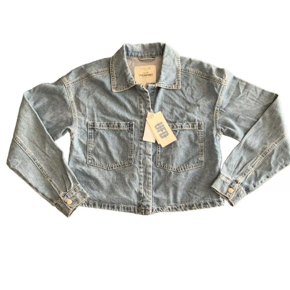 Macy’s Ultra Flirt Juniors Shacket Over Sized Shirt Jean Jacket Cropped Top XS - Picture 3 of 9